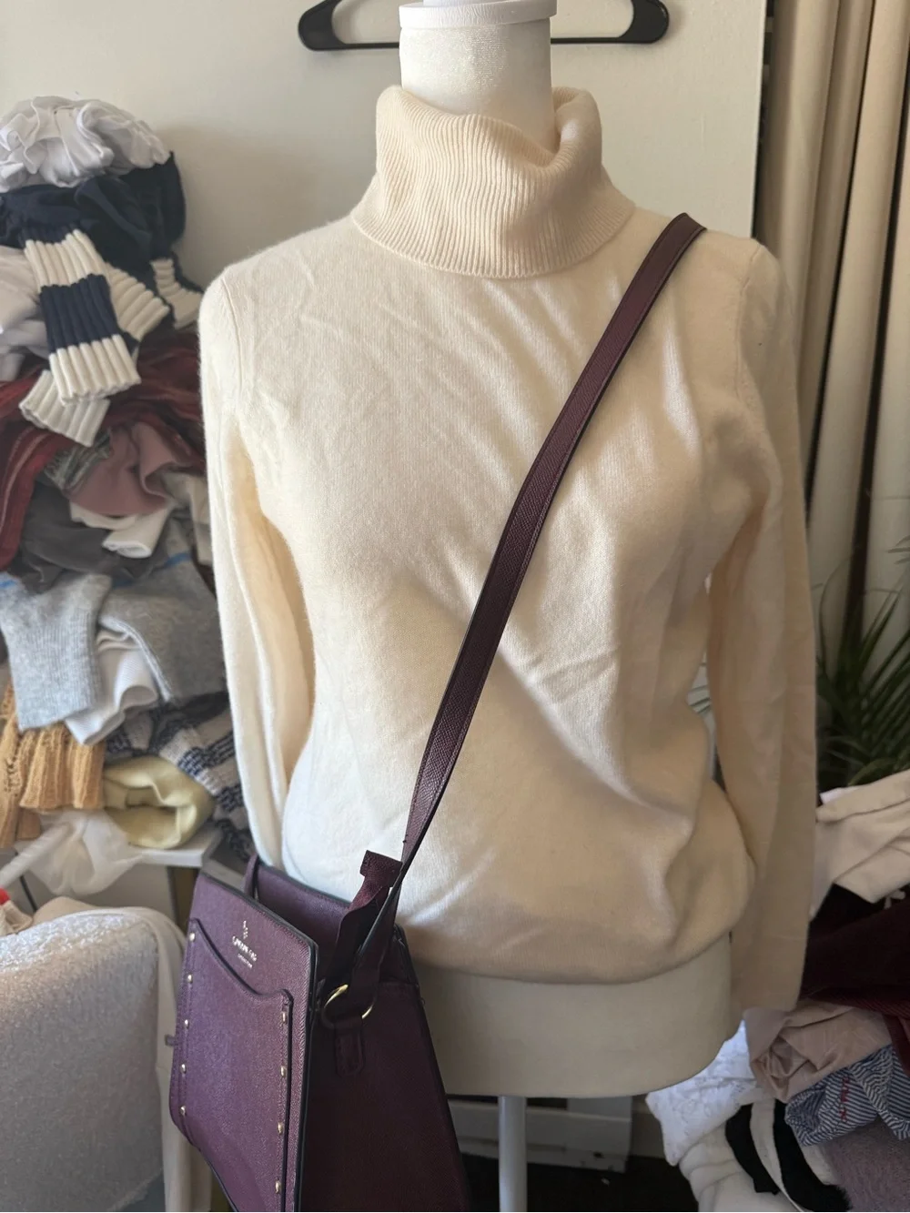 London Fog Plum Pebble-Texture Crossbody with Gold Studs